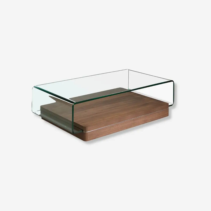 Mesa centro rectangular cristal templado y nogal