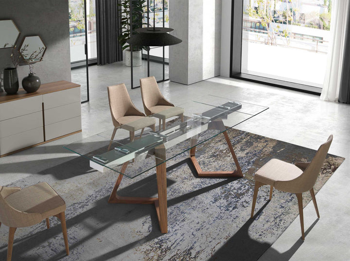 Mesa comedor extensible rectangular cristal templado y nogal en ambiente decorado (2)