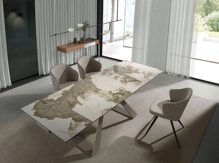 Mesa comedor extensible rectangular mármol porcelánico y acero color champagne - Mesa de comedor - El Workshop - marmol - porcelanico - blanco - con - vetas - en - tonos - tierra