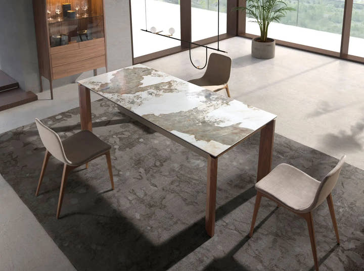 Mesa comedor extensible rectangular mármol porcelánico y nogal - Mesa - El Workshop - Beige