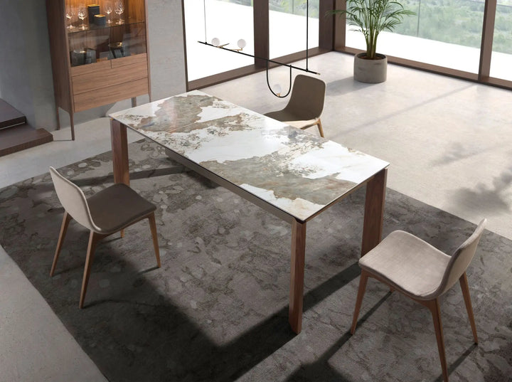 Mesa comedor extensible rectangular mármol porcelánico y nogal