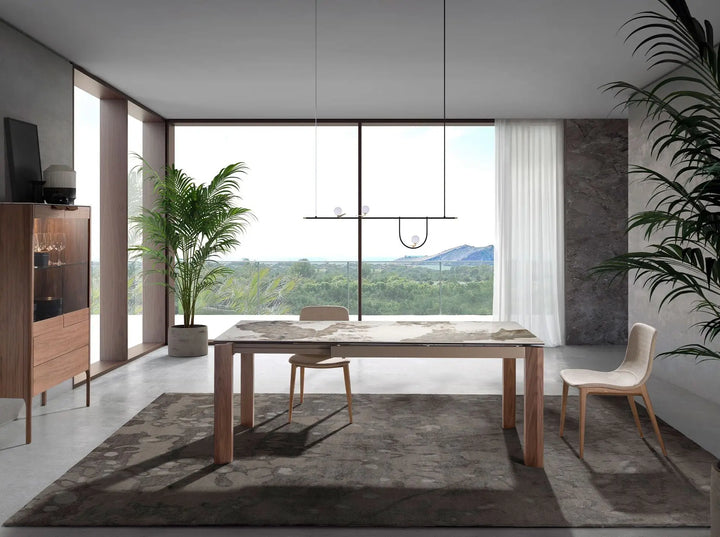 Mesa comedor extensible rectangular mármol porcelánico y nogal