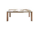 Mesa comedor extensible rectangular mármol porcelánico y nogal