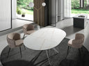 Mesa comedor extensible redonda mármol porcelánico y acero gris