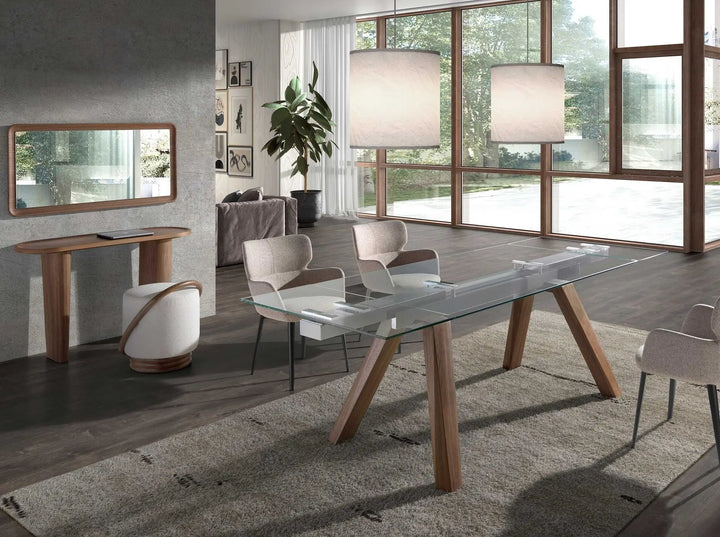 Mesa comedor extensible rectangular cristal templado y nogal en ambiente decorado (2)