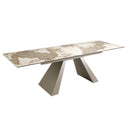 Mesa comedor extensible rectangular mármol porcelánico y acero color champagne