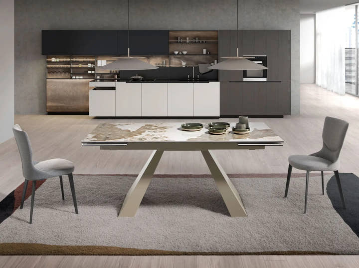 Mesa comedor extensible rectangular mármol porcelánico y acero color champagne - Mesa - El Workshop - 180x90x76cm