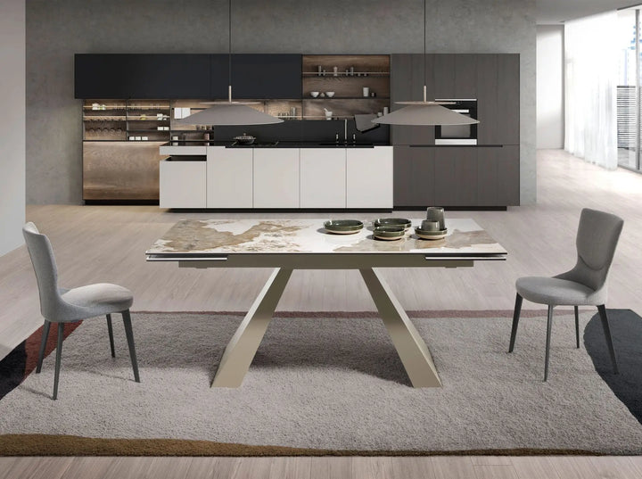 Mesa comedor extensible rectangular mármol porcelánico y acero color champagne
