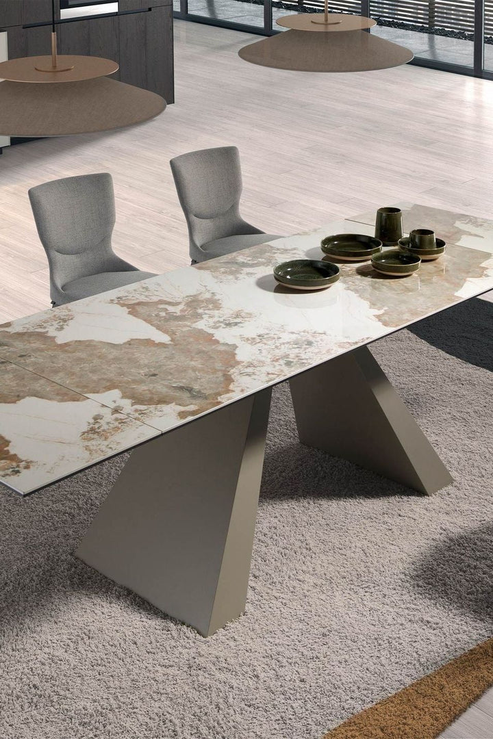 Mesa comedor extensible rectangular mármol porcelánico y acero color champagne