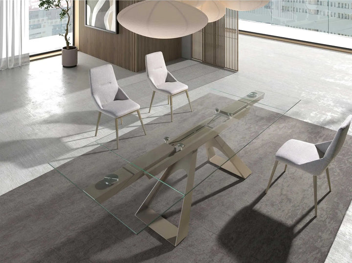 Mesa comedor extensible rectangular cristal templado y acero color champagne