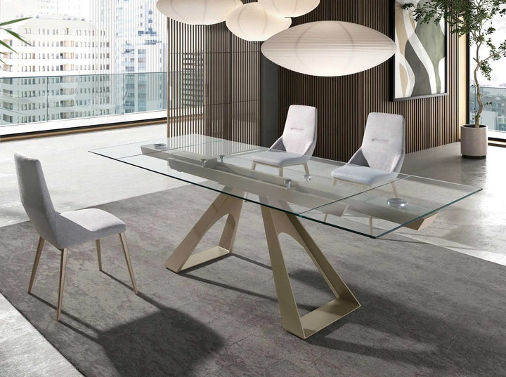 Mesa comedor extensible rectangular cristal templado y acero color champagne