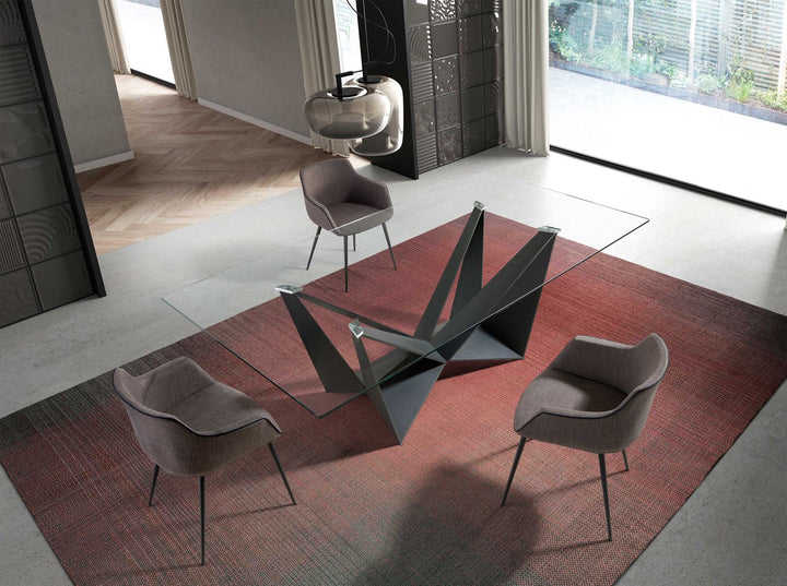 Mesa comedor rectangular cristal templado y acero negro en ambiente decorado (2)