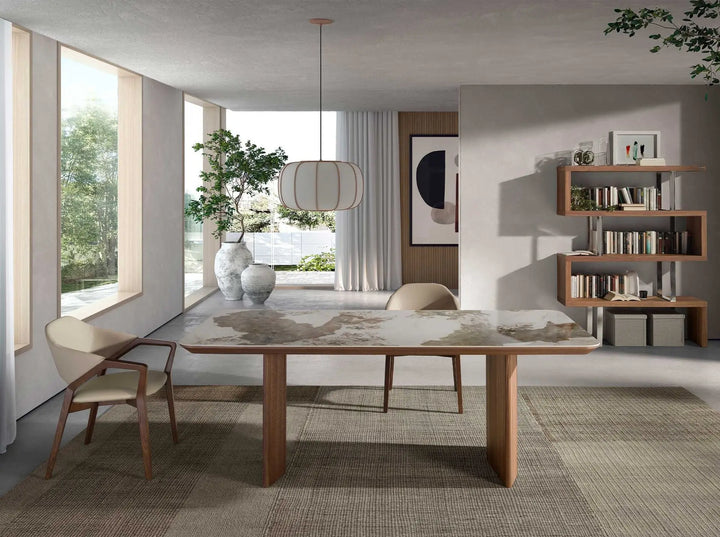 Mesa comedor rectangular mármol porcelánico y nogal