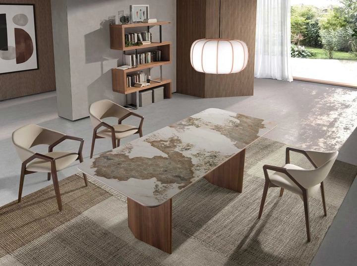 Mesa comedor rectangular mármol porcelánico y nogal