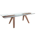 Mesa comedor extensible rectangular cristal templado y nogal