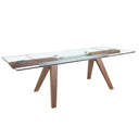 Rectangular extendable dining table with tempered glass and walnut