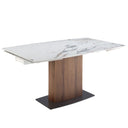 Mesa comedor extensible ovalada barril mármol porcelánico y nogal