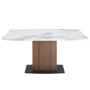 Mesa comedor extensible ovalada barril mármol porcelánico y nogal