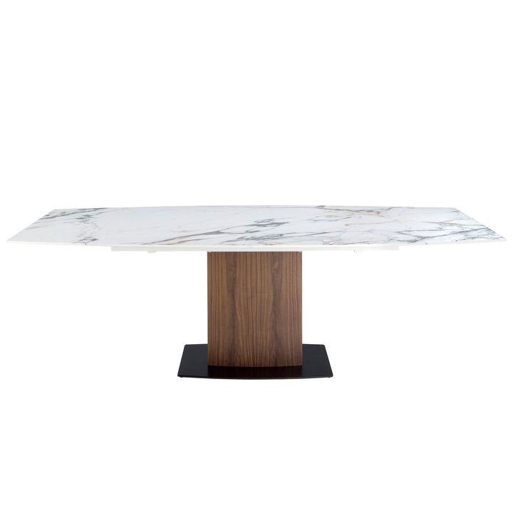 Mesa comedor extensible ovalada barril mármol porcelánico y nogal