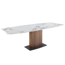 Mesa comedor extensible ovalada barril mármol porcelánico y nogal