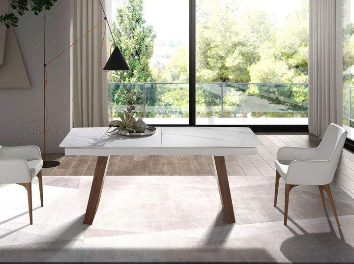 Mesa comedor extensible ovalada barril mármol porcelánico y nogal