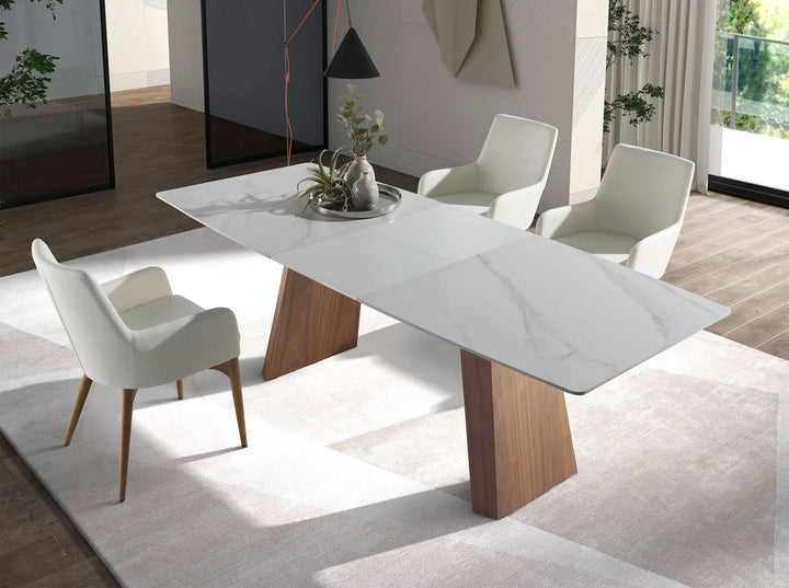 Mesa comedor extensible ovalada barril mármol porcelánico y nogal