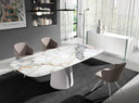 Mesa comedor ovalada barril mármol porcelánico y acero blanco