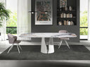 Mesa comedor ovalada barril mármol porcelánico y acero blanco