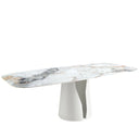 Mesa comedor ovalada barril mármol porcelánico y acero blanco