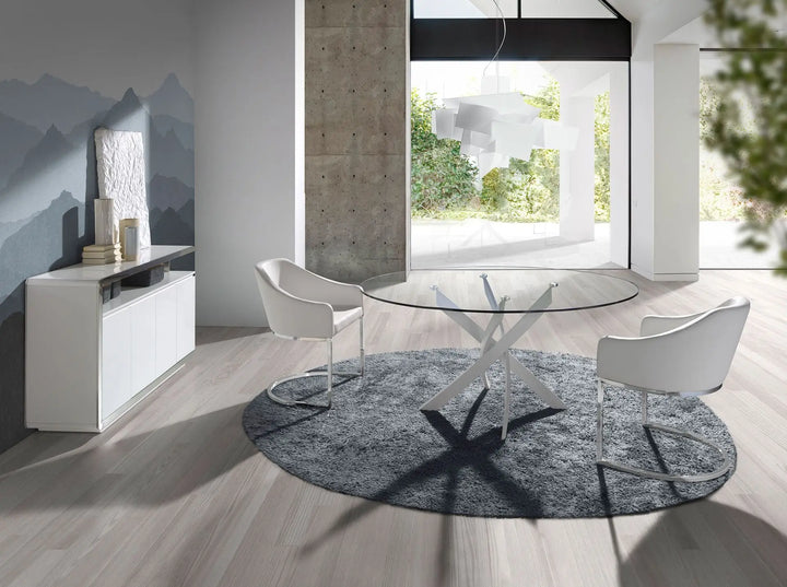 Mesa comedor redonda cristal templado y acero blanco en ambiente decorado (2)