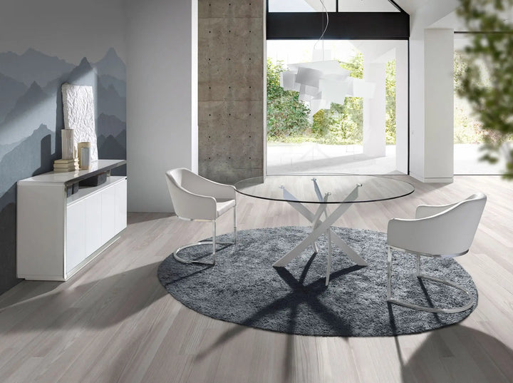 Mesa comedor redonda cristal templado y acero blanco