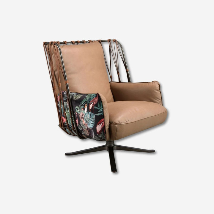 Draaifauteuil in leer en stof met bruine print