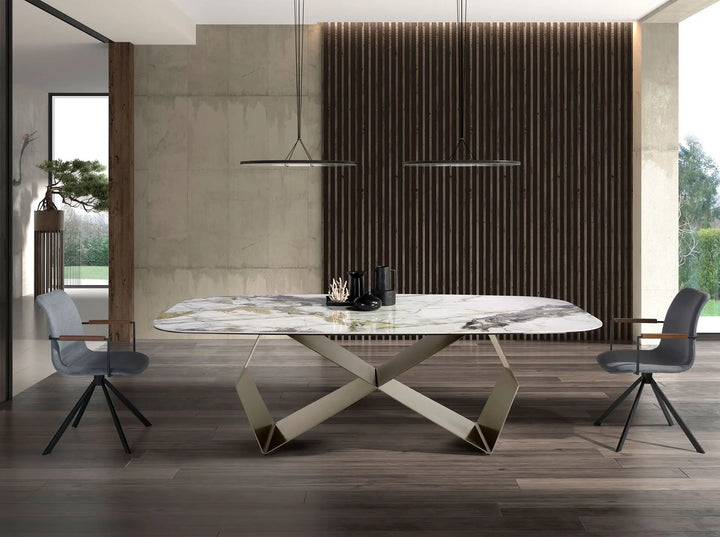 Mesa comedor rectangular mármol porcelánico y acero color champagne