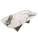 mesa comedor rectangular mármol porcelánico y acero color champagne, vista 3