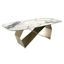 Mesa comedor rectangular mármol porcelánico y acero color champagne