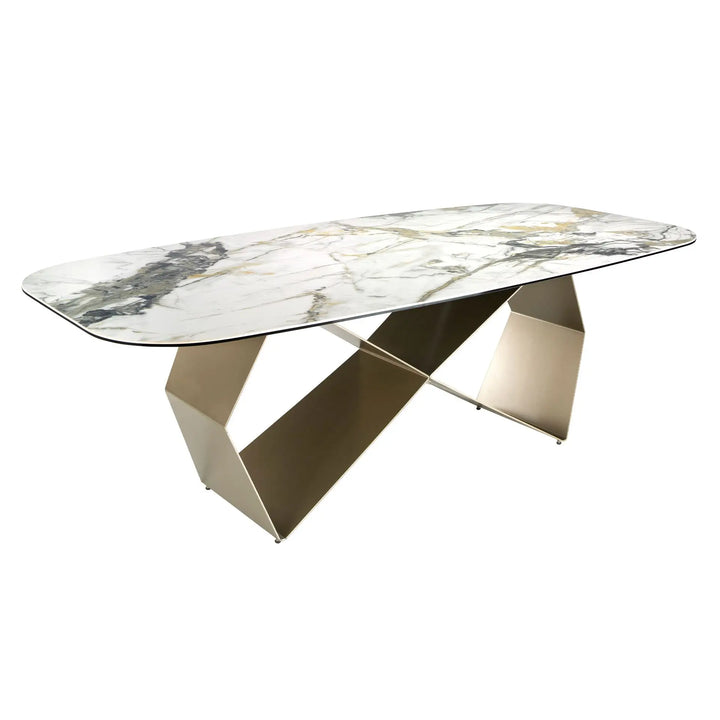 Mesa comedor rectangular mármol porcelánico y acero color champagne