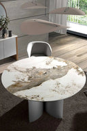 Mesa comedor redonda mármol porcelánico, nogal y madera color plata en ambiente decorado (3)