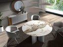 Mesa comedor redonda mármol porcelánico, nogal y madera color plata