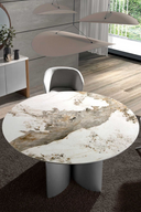 Ronde eettafel in porseleinmarmer, notenhout en zilverhout
