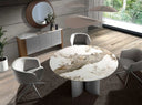 Mesa comedor redonda mármol porcelánico, nogal y madera color plata en ambiente decorado