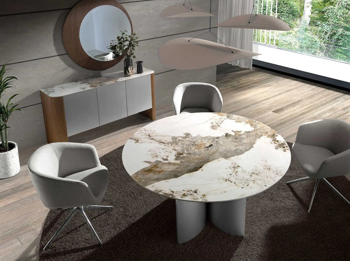 Mesa comedor redonda mármol porcelánico, nogal y madera color plata