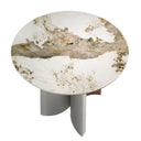 mesa comedor redonda mármol porcelánico, nogal y madera color plata