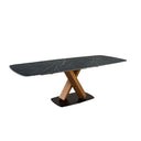 Mesa comedor extensible ovalada barril mármol porcelánico y nogal