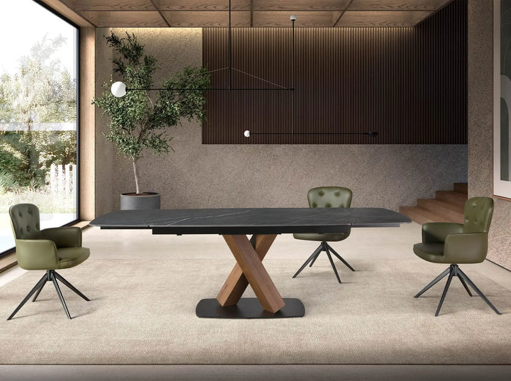 Mesa comedor extensible ovalada barril mármol porcelánico y nogal