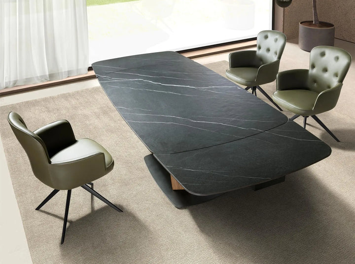 Extendable oval barrel dining table in porcelain marble and walnut