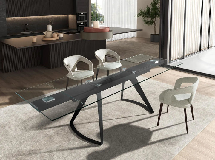 Rectangular extendable dining table with tempered glass and black steel