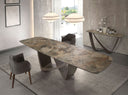 Mesa comedor extensible ovalada barril mármol porcelánico y acero taupé metalizado