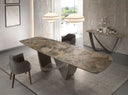 Extendable oval barrel dining table in porcelain marble and metallic taupe steel