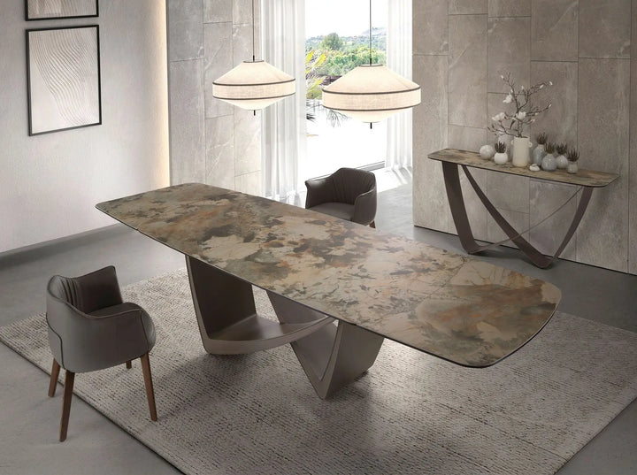 Uitschuifbare ovale tonvormige eettafel in porseleinmarmer en metallic taupe staal