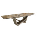Mesa comedor extensible ovalada barril mármol porcelánico y acero taupé metalizado